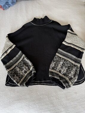 Free People Black Turtleneck Sweater with Patterned Balloon Sleeves